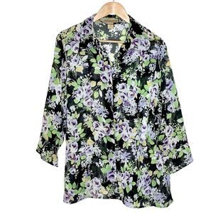 Sheer Floral Roses Print Top Purple Womens 2X Flare Sleeve Cottagecore